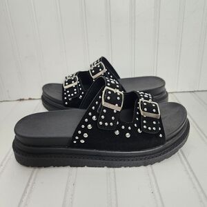 Womens Size 41 US 9 Black Double Strap Thick Sole Slip On Rivet  Moto Sandals